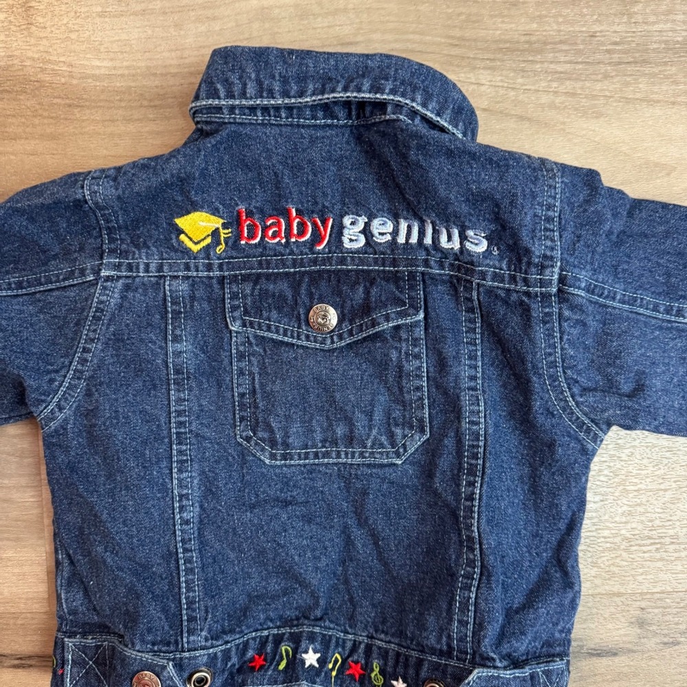 Baby Genius Vintage Denim Jacket 12M Embroidered Music Notes Dark Wash Blue